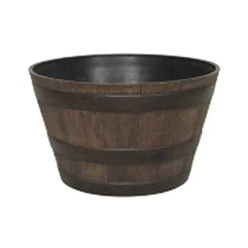 15.5" Round Whiskey Barrel Planter – Aged Walnut Resin Finish 1