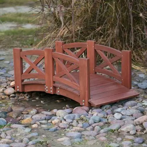 4-Foot Red-Stained Garden Bridge With Decorative X-Frame Handrails 1