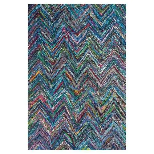 4 Ft X 6 Ft Chevron Pattern Cotton Area Rug – Handwoven Blue And Multicolor Design 1