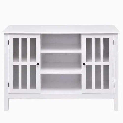 43-Inch White Wood Tv Stand With Tempered Glass Cabinet Doors 1