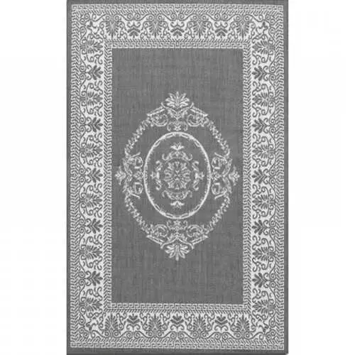 5'10" X 9'2" Indoor/Outdoor Area Rug – Grey And White Medallion Pattern 1