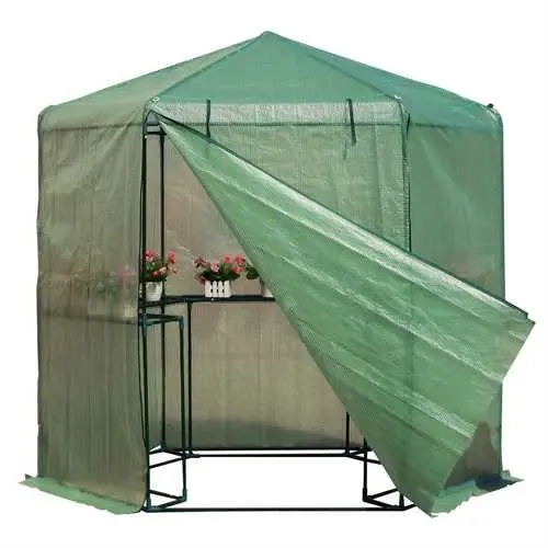 6.5 X 7-Foot Hexagonal Steel-Frame Greenhouse With Pe Cover & Shelving 1