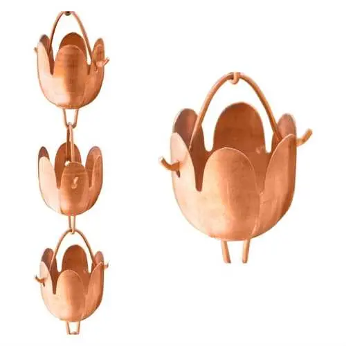 8.5-Foot Copper Rain Chain With Floral Cup Design For Gutters 1