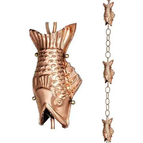 8.5-Foot Polished Copper Rain Chain Featuring Four Ornamental Fish 1