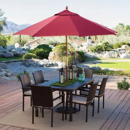 9-Foot Commercial-Grade Wooden Market Umbrella With Burgundy Sunbrella Canopy 1