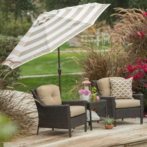 9-Foot Market Umbrella With Crank Lift, Tilt Function, And Beige-White Striped Canopy 1
