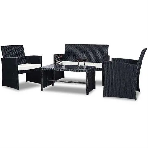 All-Weather 4-Piece Pe Rattan Outdoor Seating Set In Matte Black 1