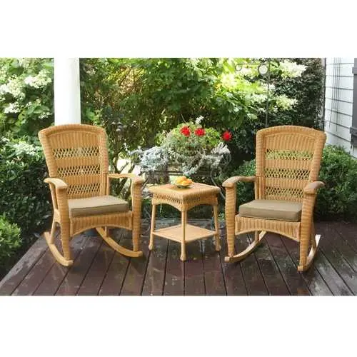 Amber Resin Wicker Porch Rocker Set – 2 Chairs + Matching Table 1