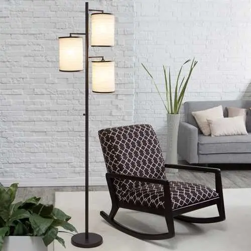 Antique Bronze Tree Floor Lamp With Three White Cotton Fabric Shades 1
