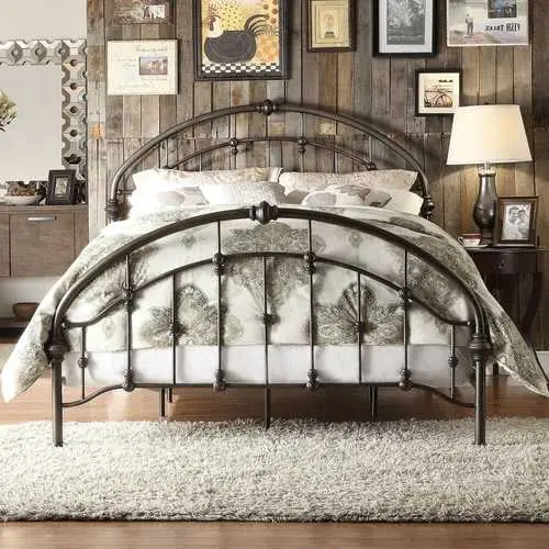 Antique Dark Bronze King Bed – Arched Headboard & Footboard Design 1