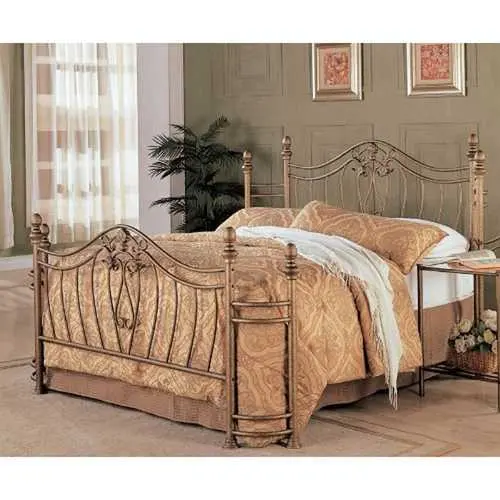 Antique Gold Queen Size Metal Bed – Elegant Headboard & Footboard Set 1