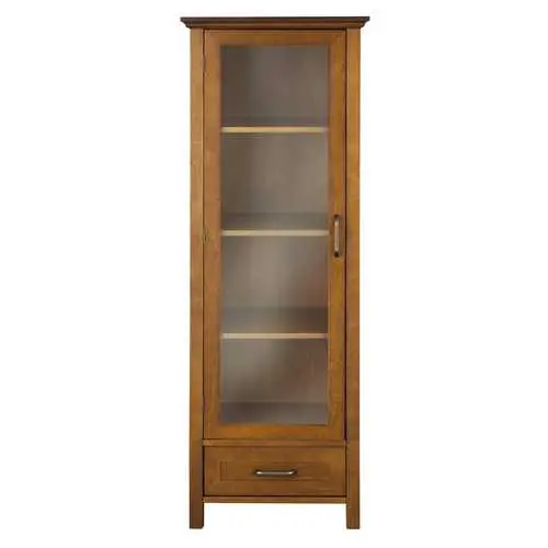 Antique Walnut-Look Linen Tower Cabinet With Glass Doors And Drawer 1