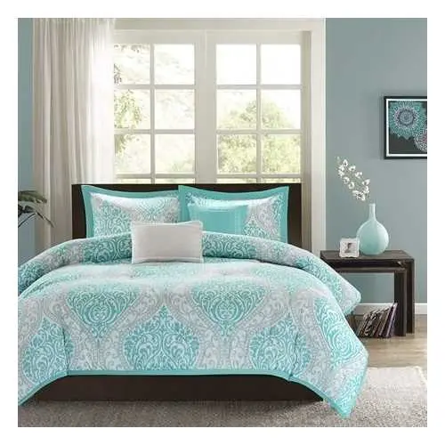 Aqua Teal Damask Comforter Set For Twin And Twin Xl Beds – Modern Blue And White Design 1