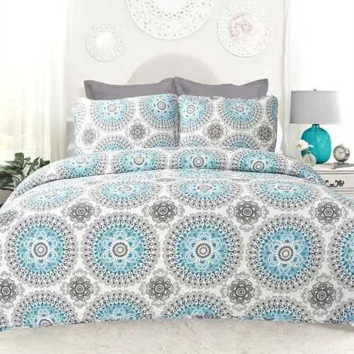 Aqua, White & Grey Floral Cotton Quilt Set – Full/Queen Size 1