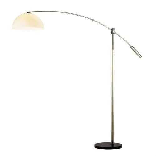 Arch Floor Lamp – Satin Steel Base, White Dome Shade, Black Marble Accents 1