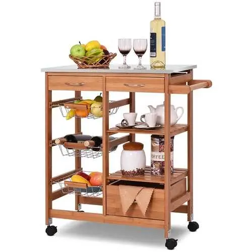 Bamboo Kitchen Island Cart With Stainless Steel Top & Locking Casters 1