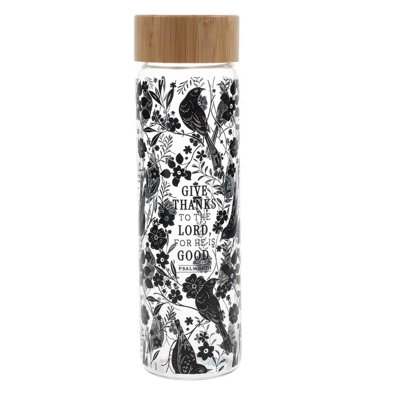 Bamboo-Lid Glass Water Bottle Featuring 'Give Thanks To The Lord' 1