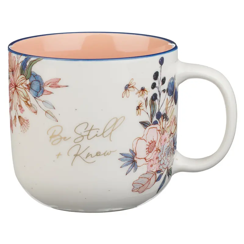 Be Still And Know Ceramic Mug – Floral Exterior With Warm Peach Interior 1