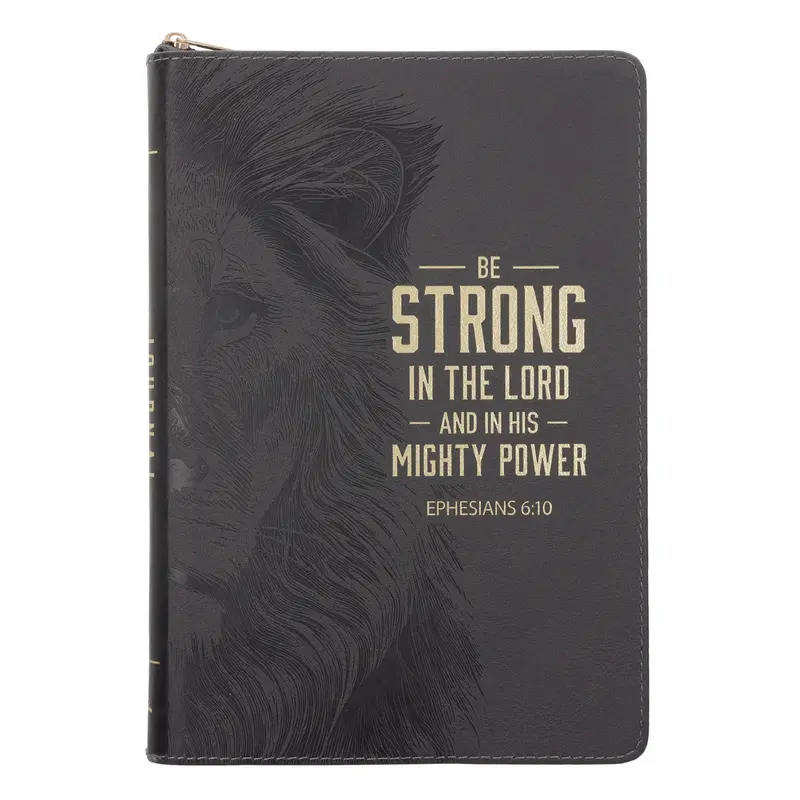 Be Strong In The Lord Grey Lion Faux Leather Journal With Zippered Cover 1
