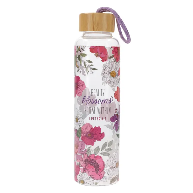 Beauty Blossoms From Within Water Bottle – Glass Vessel With Bamboo Lid 1