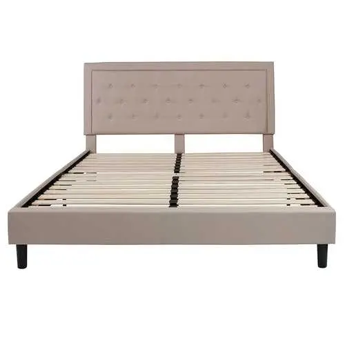 Beige Button-Tufted King Platform Bed Frame 1