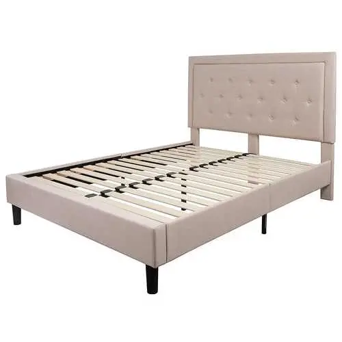 Beige Button-Tufted Queen Platform Bed – Upholstered Headboard With Modern Silhouette 1