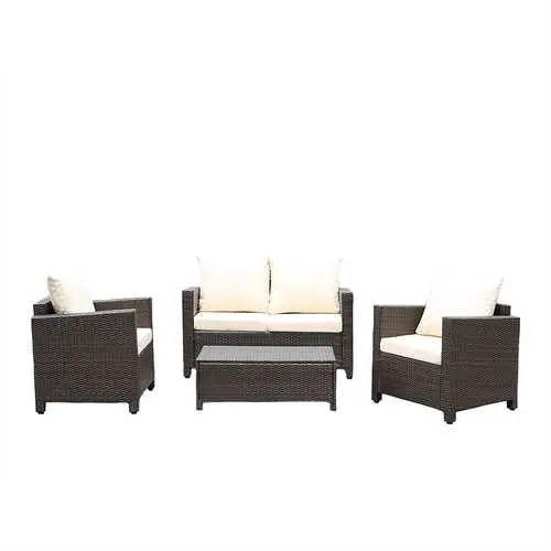 Beige Cushioned Outdoor Wicker Patio Set – 4-Piece Resin Furniture Ensemble 1