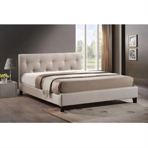 Beige Fabric Queen Platform Bed With Integrated Headboard 1
