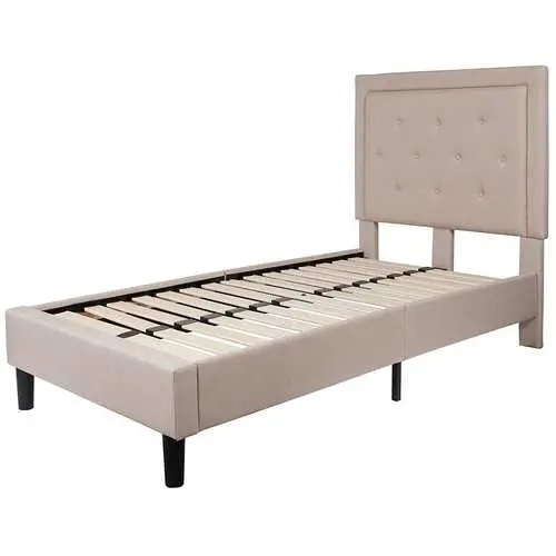 Beige Fabric Twin Platform Bed With Button-Tufted Headboard 1