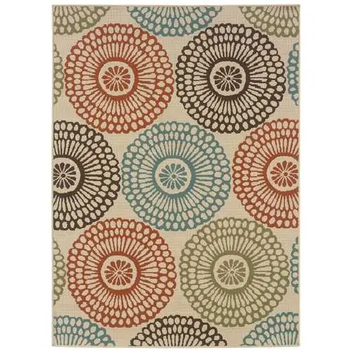 Beige Indoor/Outdoor Area Rug – 7'10" X 10'10" With Vibrant Circular Motif 1