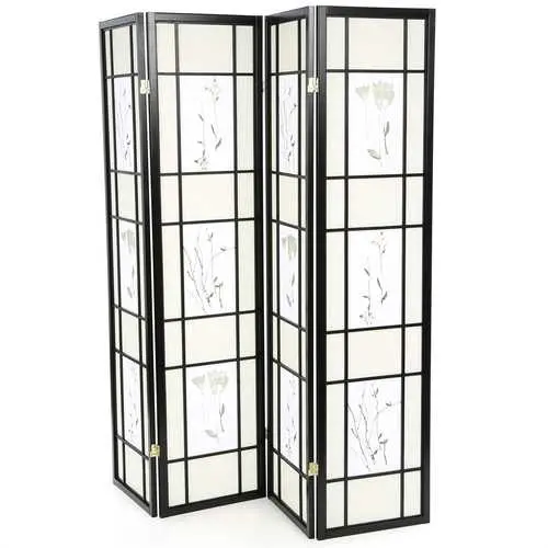 Black 4-Panel Asian-Inspired Shoji Room Divider With Floral Motif 1