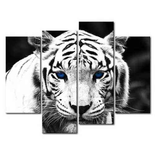 Black-And-White Tiger Canvas Wall Art – 4-Panel Gallery-Wrapped Print 1