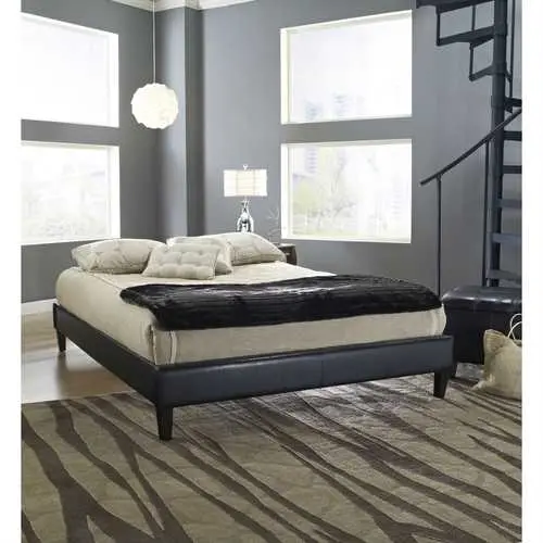 Black Faux Leather Full Platform Bed – Modern Upholstered Frame 1