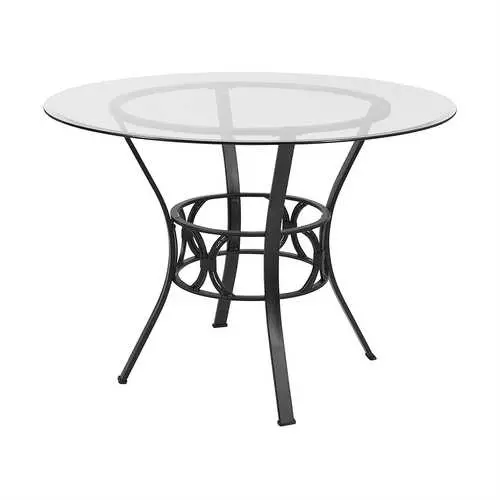 Black-Finished Metal Frame Round Glass Dining Table – 42 Inch Diameter 1