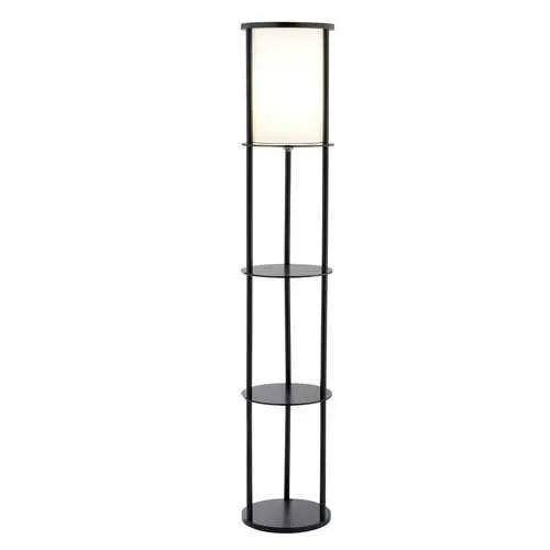 Black Floor Lamp With White Shade – Modern Asian-Inspired Round Shelf Design 1