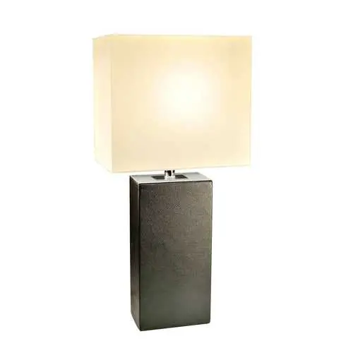 Black Leather Table Lamp With White Fabric Drum Shade – Contemporary Design 1