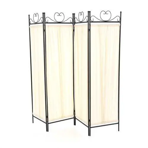 Black Metal 4-Panel Room Divider With Off-White Fabric Panels 1