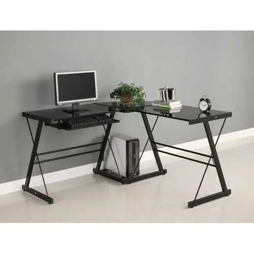 Black Metal L-Shaped Corner Desk With Tempered Glass Surface 1