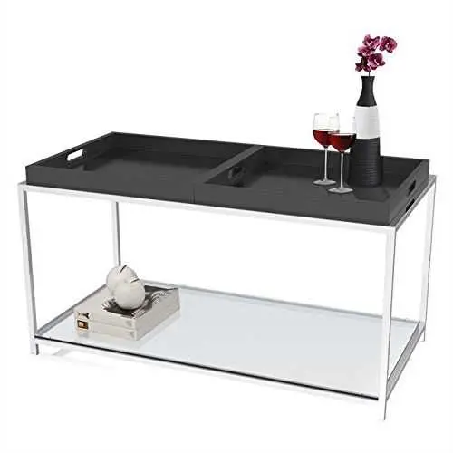Black Modern Coffee Table With Two Detachable Serving Trays 1
