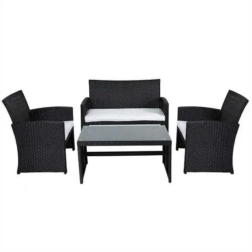 Black Resin Wicker 4-Piece Outdoor Seating Set With White Cushions 1