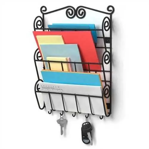 Black Wall-Mounted Mail Organizer With Letter Slots And Key Hooks 1