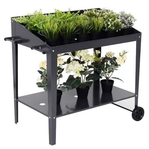 Black Wheeled Metal Garden Potting Bench 1