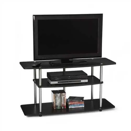 Black Wood-Grain & Stainless Steel 3-Tier Flat-Screen Tv Stand 1