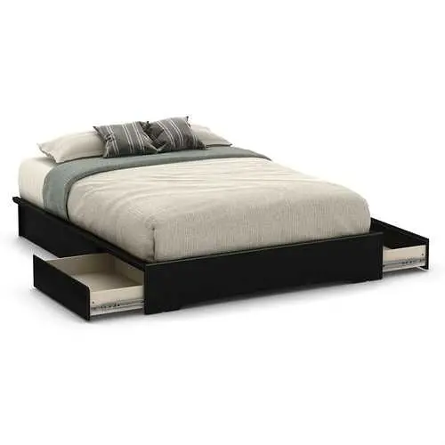 Black Wooden Queen Platform Bed With Built-In Storage Drawers 1