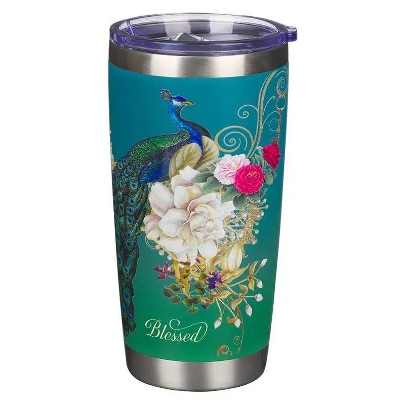 Blessed Blue Peacock Travel Mug – Stainless Steel, Jeremiah 17:7 Inscription 1