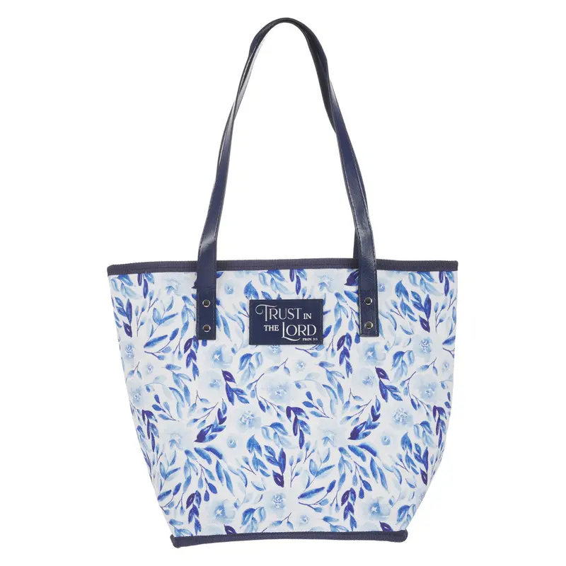 Blue Floral Canvas Tote Bag – 'Trust In The Lord' Scripture Carryall 1