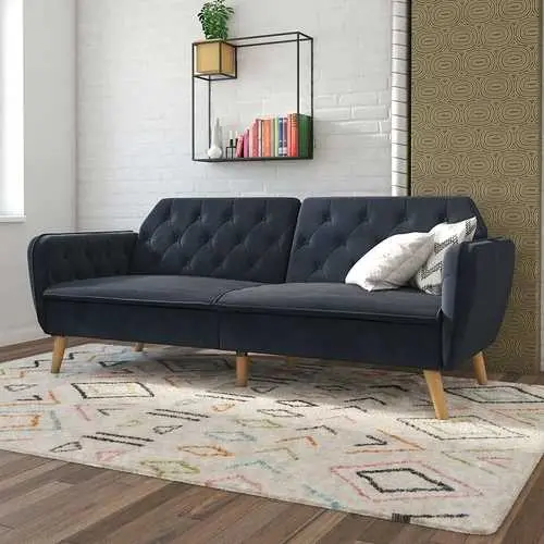 Blue Velvet Memory Foam Futon Sofa Bed – Mid-Century Wooden Legs 1