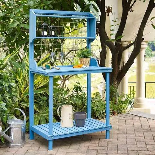 Blue Wood Potting Bench With Tool Trellis And Slatted Shelf 1