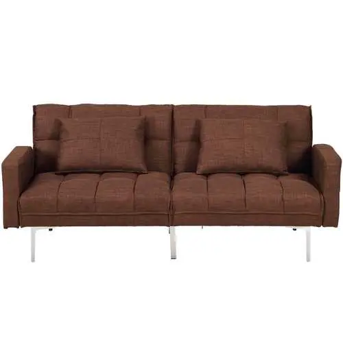 Brown Linen Futon Sofa Bed With Industrial Metal Frame 1
