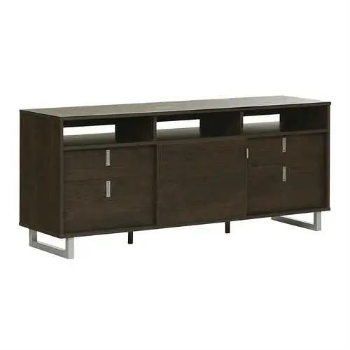 Brown Oak Tv Stand With Satin Nickel Metal Legs And Open Shelving 1